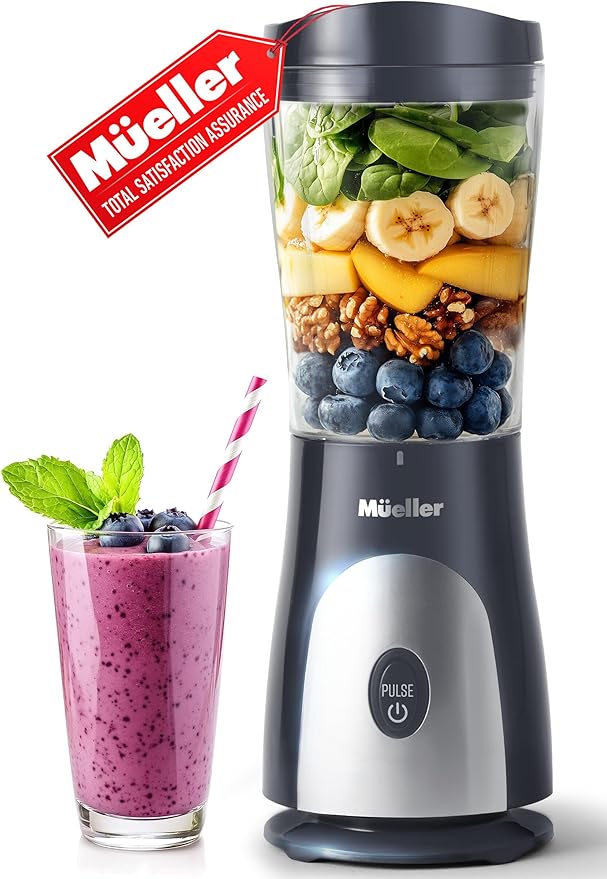 Mueller Heavy-Duty Smootie Blender, Personal Blender for Shakes and Smoothies with a 15 Oz Travel Cup and Lid, Juices, Baby Food, Portable Blender & Food Processor, Light Grey