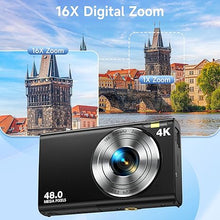 Load image into Gallery viewer, Digital Camera, Autofocus 48MP UHD 4K Vlogging Camera 16X Digital Zoom, Portable Compact Point and Shoot Digital Camera for Teens Adult Beginner with 32GB Card, 2 Batteries, Lanyard(Black)
