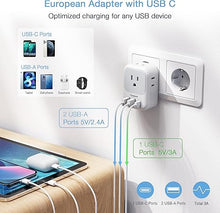 Load image into Gallery viewer, TESSAN 3 Pack European Travel Plug Adapter USB C, US to Europe Power Adapter with 4 AC Outlets and 3 USB (1 USB C), Euro Charger Adaptor Type C for USA to EU Spain France Iceland Italy Germany Greece
