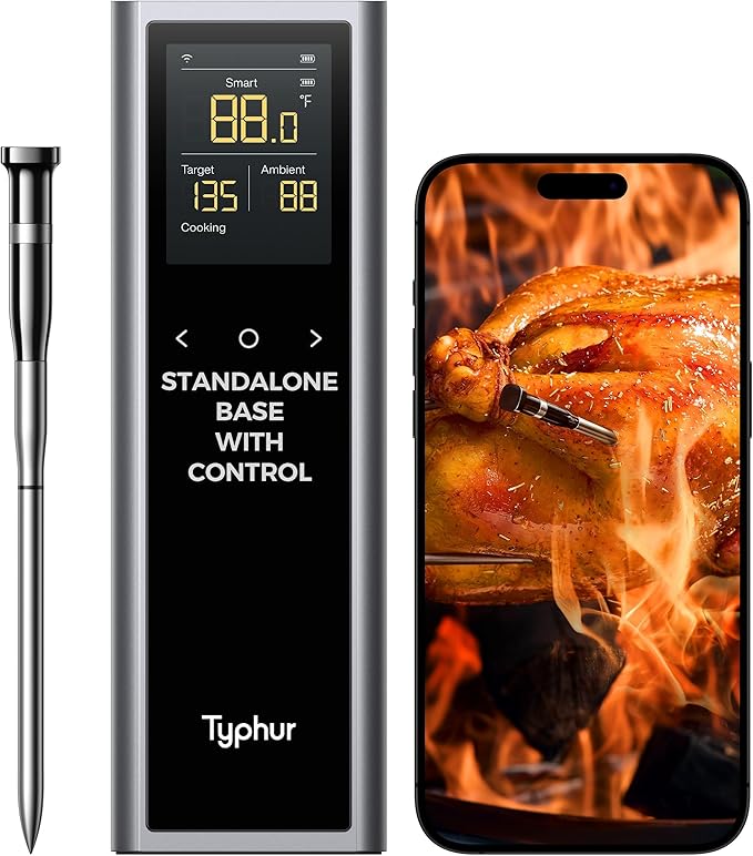 Sync One Smart Wireless Meat Thermometer Digital: Standalone Base for Quick and Easy Control, Unlimited Range WiFi & Bluetooth, Proven Stronger Signal Stability, for BBQ Grill Oven Smoker