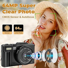 Load image into Gallery viewer, 4K Digital Camera - Digital Cameras for Photography - 64MP Vlogging Camera for YouTube - Autofocus Video Camera 3&quot; 180° Flip Screen with 18X Zoom - Compact Travel Cameras with 32GB SD Card 2 Batteries
