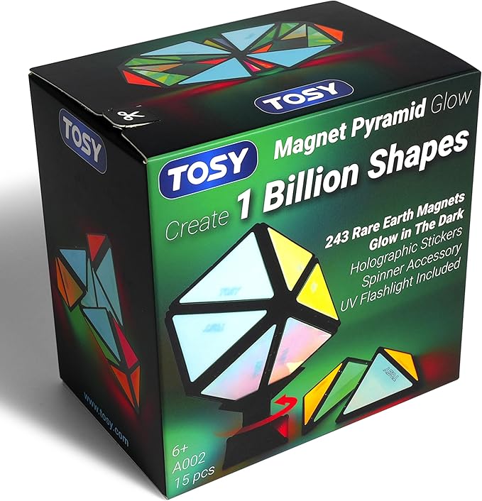 TOSY Magnet Pyramid Glow - 1 Cube Transforms into 1 Billion Shapes, 243 Rare Earth Magnets, Glowing Holographic Design, Spinner Accessory, Fidget/Puzzle/Sensory/STEAM Toy, Christmas Birthday Gift