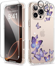 Load image into Gallery viewer, GVIEWIN for iPhone 16 Pro Max Case with Screen Protector &amp; Camera Lens Protector, [Military Grade Protection] Clear Shockproof Slim Floral Phone Cover for Women Girls 6.9" (Alluring Butterfly/Purple)

