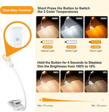 Load image into Gallery viewer, Gritin 9 LED Rechargeable Book Light for Reading in Bed -Eye Caring 3 Color Temperatures,Stepless Dimming Brightness,80 Hrs Runtime Small Lightweight Clip On Book Reading Light for Studying-White
