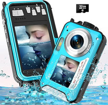 Load image into Gallery viewer, 4K Underwater Camera 56MP Autofocus 11FT Waterproof Camera Dual-Screen Selfie 16X Underwater Camera for Snorkeling Waterproof Compact Floatable Digital Camera with 32GB Card
