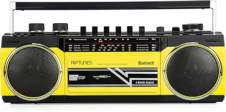 Riptunes Cassette Boombox, Retro Blueooth Boombox, Cassette Player and Recorder, AM/FM/SW-1-SW2 Radio-4-Band Radio, USB, and SD, Yellow