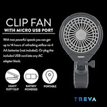 Load image into Gallery viewer, Treva 5 Inch Two Speed Battery &amp; USB Powered Clip On Fan - Slim and Portable Cooling Travel Fan with USB - Gray
