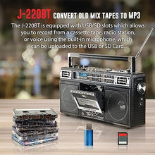 Load image into Gallery viewer, QFX J-220BT Boombox MP3 Conversion from Radio to Cassette with 4-Band (AM, FM, SW1, SW2) Radio with Bluetooth, Rechargeable Battery, Dual 3” Speakers, Built-in Microphone, Recorder, 3-Band Equalizer
