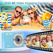 Load image into Gallery viewer, Digital Camera for Teens, FHD 4K 44MP Digital Camera Blue Autofocus with 64GB SD Card 16X Zoom, Cameras for Photography Compact Point and Shoot Camera for Teen Boy Girl Kids Camera Beginner
