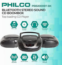 Load image into Gallery viewer, Philco Portable Bluetooth Boombox with CD Player | CD Player is Compatible with MP3/WMA/CD-R/CD-RW CDs | AM FM Radio with Bluetooth | 3.5mm Aux Input | Stereo Sound | LED Display | AC/Battery Powered
