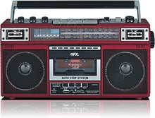 Load image into Gallery viewer, QFX J-220BT Red Boombox MP3 Conversion from Radio to Cassette with 4-Band (AM, FM, SW1, SW2) Radio with Bluetooth, Dual 3” Speakers, Built-in Microphone, Recorder, and a 3-Band Equalizer
