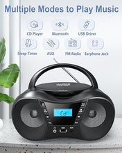 Load image into Gallery viewer, Portable CD Player Boombox with FM Radio,Bluetooth 5.1,Clear Sound,LCD Display,USB/AUX Input,AC/Battery Powered,CD/CD-R/CD-RW Compatible,3.5mm Headphone Jack,Sleep Timer for Home,Seniors,Kids
