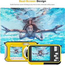 Load image into Gallery viewer, 4K Underwater Camera with 32GB Card 1250mAh Battery 56MP Autofocus 11FT Waterproof Camera Dual-Screen Selfie 16X Waterproof Floatable Digital Camera Underwater Camera for Snorkeling, Yellow
