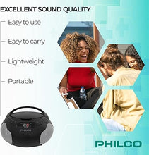 Load image into Gallery viewer, Philco Portable CD Player Boombox with Speakers and AM FM Radio | Black Boom Box Compatible with CD-R/CD-RW and Audio CD | 3.5mm Aux Input | Stereo Sound | LED Display | AC/Battery Powered
