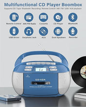 Load image into Gallery viewer, Greadio Boombox CD Player Cassette Player Combo, Boom Box Portable CD Players for Home with Bluetooth, Support AM FM Radio/Remote Control/AUX/USB/Earphone, AC/Battery Operated, LCD Display (Blue)
