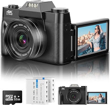 Load image into Gallery viewer, 4K Digital Camera, 56MP Vlogging Camera with 3&#39;&#39; 180-degree Flip Screen, 16X Zoom Auto Focus Point and Shoot Digital Camera for Photography, 32GB Card &amp; 2 Batteries for Teens Students Kids Boys Girls
