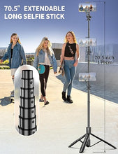 Load image into Gallery viewer, 71&quot; Phone Tripod, Aluminum Tripod for iPhone &amp; Selfie Stick Tripod with Remote, iPhone Tripod Stand &amp; Travel Tripod, Extendable Cell Phone Tripod Compatible with iPhone 15/14/13/Android/Camera
