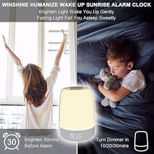 Load image into Gallery viewer, winshine Touch Wake Up Night Light with Sunrise Simulation Alarm Clock, 3 Ways Dimmable Warm White Bedside Lamp for Kid Bedrooms RGB Ambient Table Nightstand Light,Sleep Aid Snooze Timer Mode
