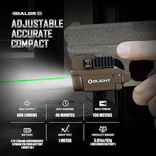 Load image into Gallery viewer, OLIGHT Baldr Mini 600 Lumens Rechargeable Weaponlight with Green Beam and White LED Combo, Magnetic USB Compact Tactical Flashlight with Adjustable Rail for G19, G45, Sig P320, and so on(Desert Tan)
