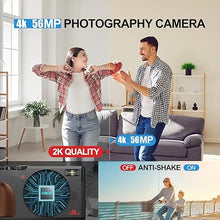 Load image into Gallery viewer, 56MP Digital Cameras for Photography, 4K Autofocus Video Camera with 32GB TF Card &amp; 2 Batteries,18X Zoom Anti-Shake Point and Shoot Digital Cameras,Compact Camera for Travel(K100 Silver)
