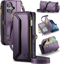 Load image into Gallery viewer, Wallet Case Compatible with iPhone 17 6.3" RFID Blocking 9-Card Holder Soft PU Leather Magnetic Snap Shoulder Strap Zipper Pocket Phone Case Fit for iPhone 17 for Women - Purple
