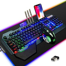 Load image into Gallery viewer, Wireless Gaming Keyboard Mouse &amp; Mouse Pad Combo,3 in 1 Rainbow Backlit Rechargeable Keyboard with 3800mAh Battery Metal Panel Removable Hand Rest,RGB Gaming Mouse Pad(32.5x12 inch),Mute Gaming Mice
