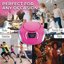 Load image into Gallery viewer, PROSCAN ELITE Portable CD Player Boombox with AM/FM Radio + Built in Speakers + Aux Input to Phone/Headphones/Any Audio - CD Players for Home Using AC Adapter or C Batteries, Pink
