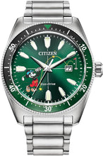 Load image into Gallery viewer, Citizen Eco-Drive Men&#39;s Disney Mickey Mouse &quot;Tee Time&quot; Stainless Steel Watch, Green Dial, 3-Hand Date, Luminous, 43mm (Model: AW1595-78W)
