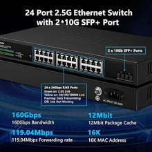 Load image into Gallery viewer, 24 Port 2.5Gb Ethernet Network Switch 24 x 2.5 Gigabit Base-T Port | 2 x 10G SFP+ | Compatible with 10-100-1000Mbps Devices | Fanless Quiet Metal Internet Switch | Rack Mount | 160G Bandwidth
