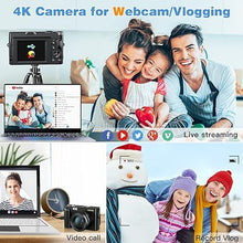 Load image into Gallery viewer, 4K Digital Camera for Photography and Video Autofocus Anti-Shake, 48MP Vlogging Camera with SD Card, 3&#39;&#39; 180° Flip Screen Compact Camera with Flash, 16X Digital Zoom Travel Camera (2 Batteries)
