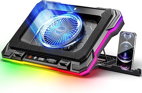 Laptop Cooling Pad Powerful Turbo Fan RGB Gaming Notebook Cooler, Moojay Laptop Fan Cooling Stand with 8 Adjustable Heights and Phone Holder, for 14-19 Inch Laptops - Blue LED Light