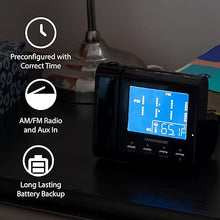 Load image into Gallery viewer, Magnasonic Projection Alarm Clock with AM/FM Radio, Battery Backup, Auto Time Set, Dual Alarm, Nap/Sleep Timer, Indoor Temperature/Date Display with Dimming &amp; 3.5mm Audio Input - Black (EAAC601)
