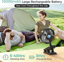 Load image into Gallery viewer, 7&#39;&#39; Portable Clip on Fan, 10000mAh Rechargeable Battery Operated Table Fan, Max 40H Cooling,4 Speeds Auto Oscillating Desk Fan with Sturdy Clamp for Camping Outdoor Travel RV Home Office Hurricane
