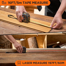 Load image into Gallery viewer, Laser Tape Measure 197Ft Laser Measurement &amp; 16Ft Manual Measuring Digital Tape Measure Support to Pythagorean Mode, Area, Volume, Ft/Ft+in/in/M Unit Distance Meter for Woodworker Tool
