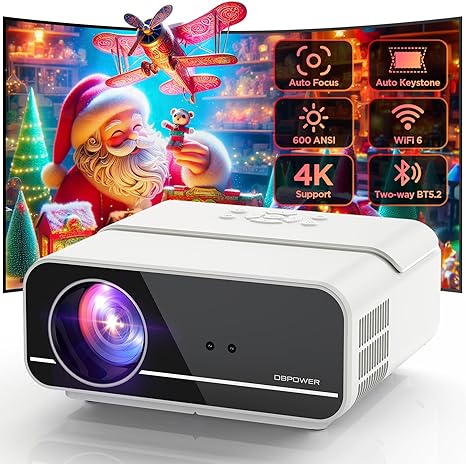 [Auto Focus/Keystone] DBPOWER Projector 4K with 5G WiFi and Two-Way Bluetooth, 600ANSI FHD Native 1080P Outdoor Movie Projector with 4P4D/PPT/Zoom, Mini Home Projector Compatible w TV Stick (White)