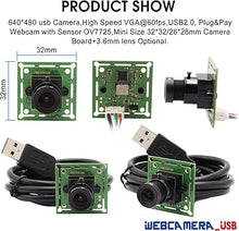 Load image into Gallery viewer, VGA High Speed Wide Angle USB Camera Module for Computer 480P 60fps Mini UVC USB2.0 Webcam Board with 8mm Lens CMOS OV7725 Industrial Video CCTV PC Camera for Linux Mac Android Raspberry Pi
