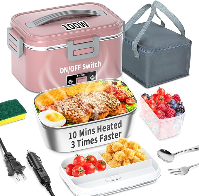 Electric Heated Lunch Box 100W - 3-IN-1 1.8L Fast Self Heating Lunch Boxes Portable Food Heater for Adults,12V/24V/110V with Leak-Proof Compartment Lid for Car Truck Office Home Pink (3 Times Faster)