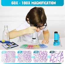 Load image into Gallery viewer, Portable Microscope for Kids Zoom 60x-180x,Handheld Mini Microscope STEM &amp; Science Toys,LED Pocket Microscope,Little Scientist Microscope with 12pcs Slides,Gifts for 6,7,8,9,10+ Girls Boys?Blue&amp;White?
