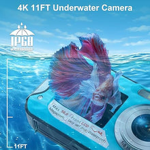 Load image into Gallery viewer, 4K Underwater Camera 56MP Autofocus 11FT Waterproof Camera Dual-Screen Selfie 16X Underwater Camera for Snorkeling Waterproof Compact Floatable Digital Camera with 32GB Card
