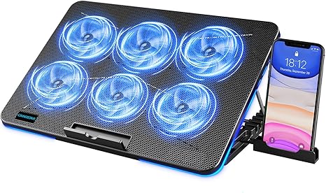 LIANGSTAR Laptop Cooling Pad, Laptop Cooler with 6 Quiet Fans for 12-17 Inch Notebook Gaming Fan Stable Stand, 7 Height & Wind Speed Adjustable, Blue LED Light can Turned Off?2 USB Port & Phone Holder