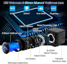 Load image into Gallery viewer, 4K USB Camera Manual Zoom Webcam 5-50mm Variable Focus PC Camera for Computer Mini UVC USB2.0 Web Camera IMX317 Varifocal USB with Camera Industrial Video Close-up Camera for Laptop Android Mac
