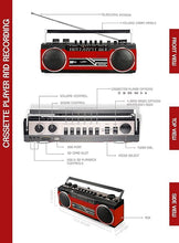 Load image into Gallery viewer, Riptunes Cassette Boombox, Retro Blueooth Boombox, Cassette Player and Recorder, AM/FM/SW-1-SW2 Radio-4-Band Radio, USB, and SD, RED
