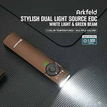 Load image into Gallery viewer, OLIGHT Arkfeld Flat Flashlight 1000 Lumens Dual Light Source EDC Lights with Green Beam and White LED Combo, Powered by Rechargeable Built-in Battery for Outdoors, Emergency (Desert Tan Cool White)
