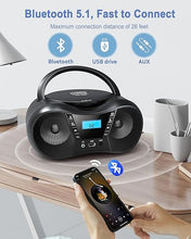 Load image into Gallery viewer, Portable CD Player Boombox with FM Radio,Bluetooth 5.1,Clear Sound,LCD Display,USB/AUX Input,AC/Battery Powered,CD/CD-R/CD-RW Compatible,3.5mm Headphone Jack,Sleep Timer for Home,Seniors,Kids
