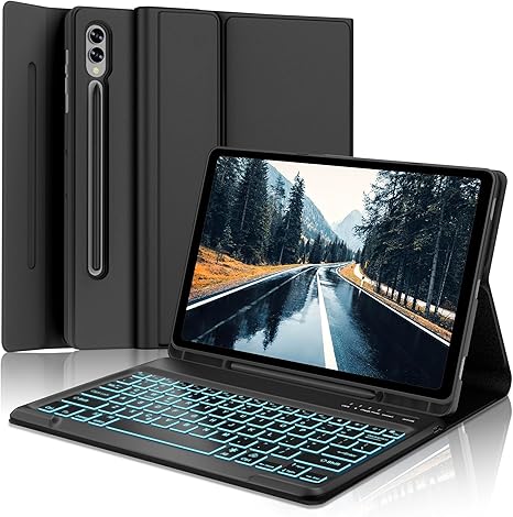 Samsung Galaxy Tab S9 Plus/S9 FE Plus 12.4” Keyboard Case | 7 Color Backlit | Detachable Wireless Bluetooth Keyboard | S Pen Holder | Smart Folio Cover for Tab S9+/S9fe+ SM-X810/X816B/X818U/X610/X616B