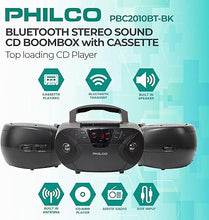 Load image into Gallery viewer, Philco Portable Bluetooth Boombox with CD and Cassette Player | Cassette Recorder | Connect to Headphones | CD Player is Compatible with MP3/WMA/CD-R/CD-RW CDs | 3.5mm Aux Input | AC/Battery Powered
