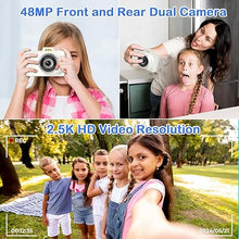 Load image into Gallery viewer, Digital Camera for Teens, 48MP FHD Dual Camera with 2.5K Video, 32GB SD Card, 8X Zoom, White Cheap Small Camera with Card Reader, Compact Point and Shoot Camera with Games for Kids, Boys, Student
