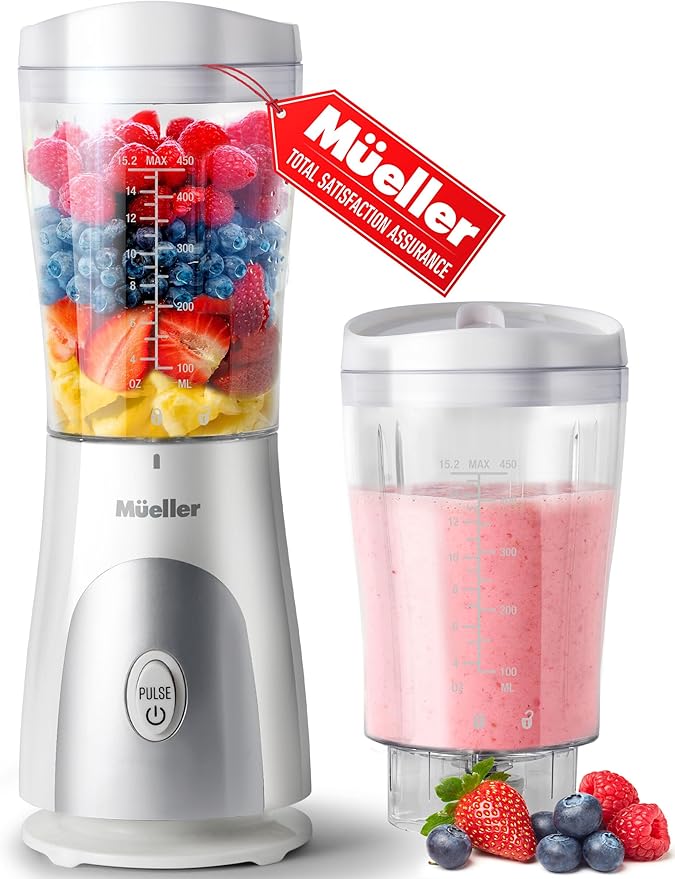 Mueller Personal Blender for Shakes and Smoothies with 15 Oz Travel Cup and Lid, Juices, Baby Food, Heavy-Duty Portable Blender & Food Processor, White