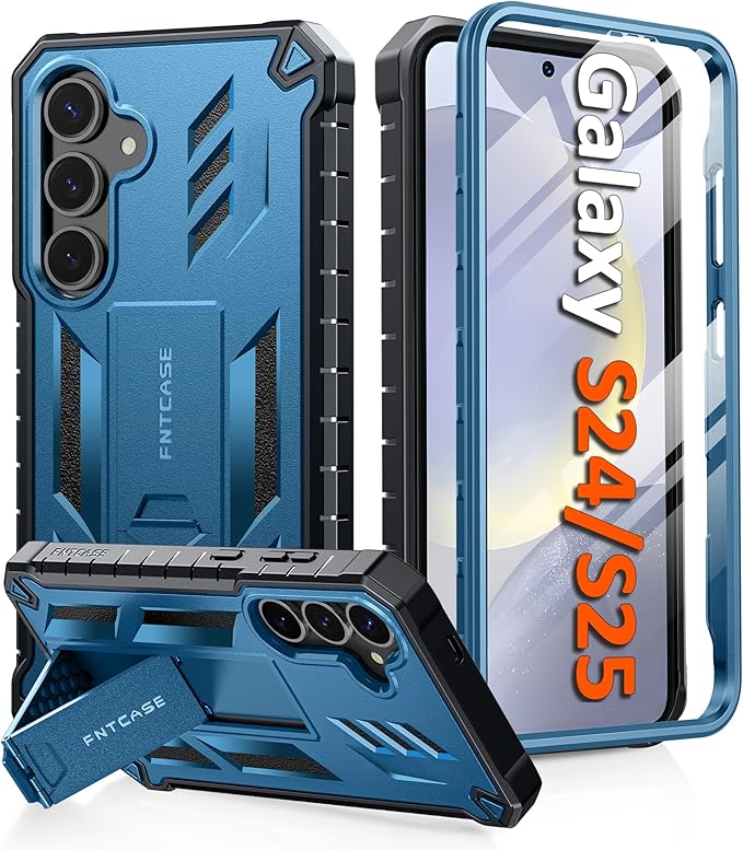 FNTCASE for Samsung Galaxy S25 Case: for Galaxy S24 Case Military Grade DropProof Protection Cover with Kickstand | Matte Textured Rugged Shockproof TPU | Protective Sturdy Phone Case - 6.2 inch Blue