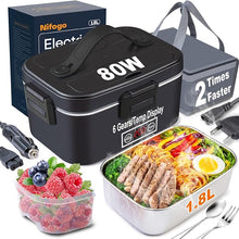 Load image into Gallery viewer, Nifogo Electric Lunch Box for Adults 80W with Temperature Display Heated Lunch Box Food Warmer Lunch Box 1.8L Stainless Steel Container&amp;Bag 12V/24V/110V for Car/Truck/Work(Black)
